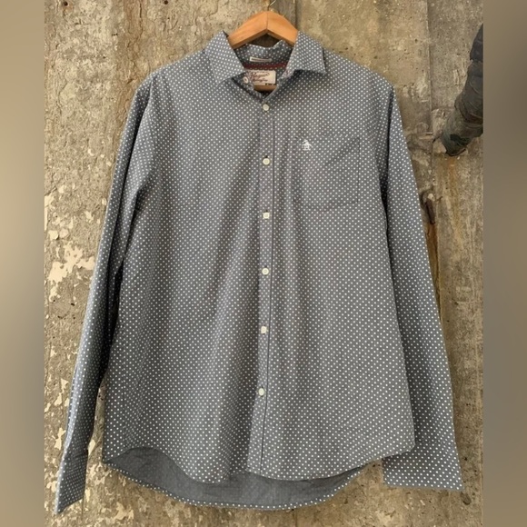 Original Penguin Shirt Large Polka Dot Gray Heritage Slim Fit Chambray - Picture 1 of 2